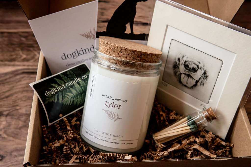 pet loss gift boxes with dogkind candle and greyboy pet prints portrait