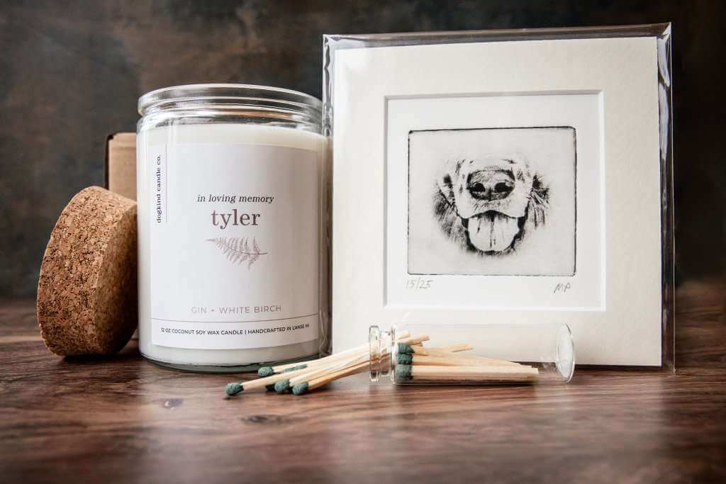 pet sympathy gift box for grieving pet parent with candle and mini pet portrait