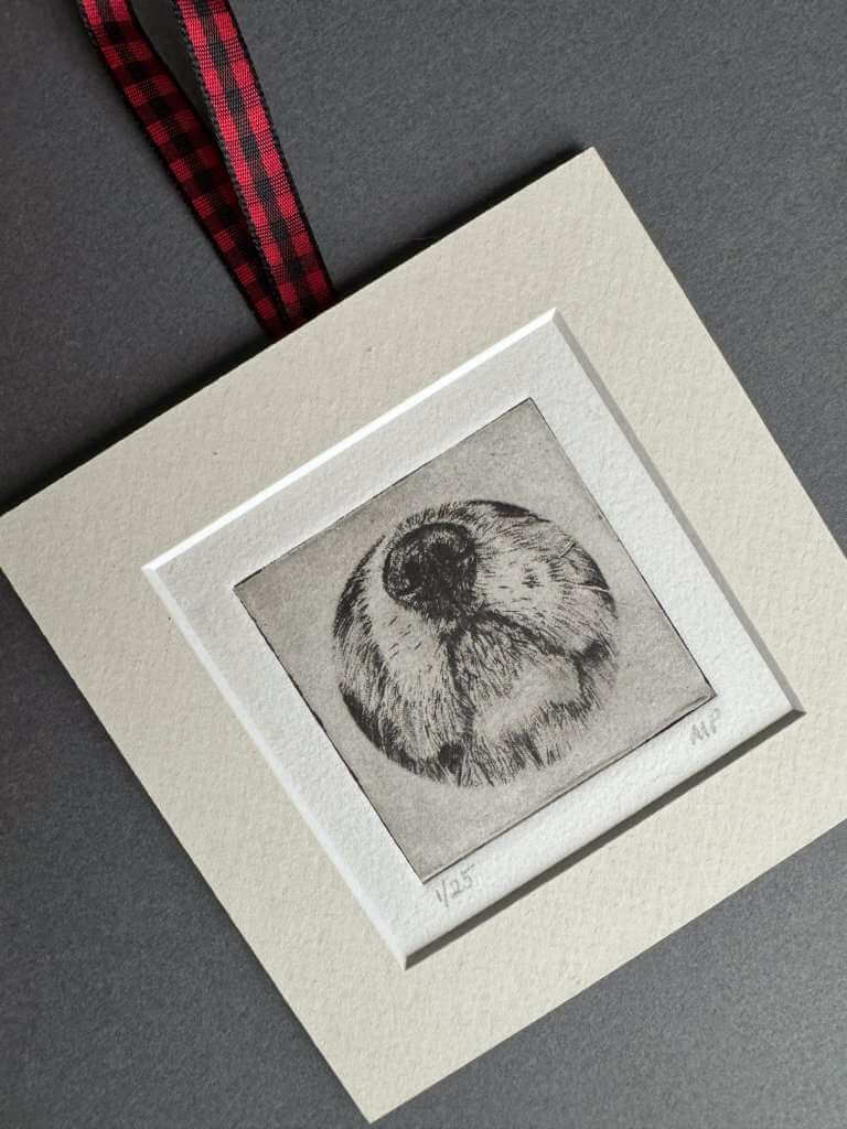 Handmade dog portrait ornament customized with name
