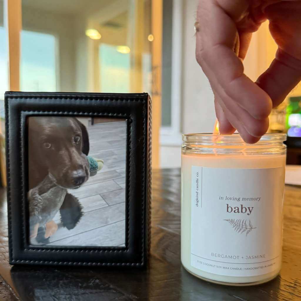 pet memorial gift, lighting candle next to dog's photo